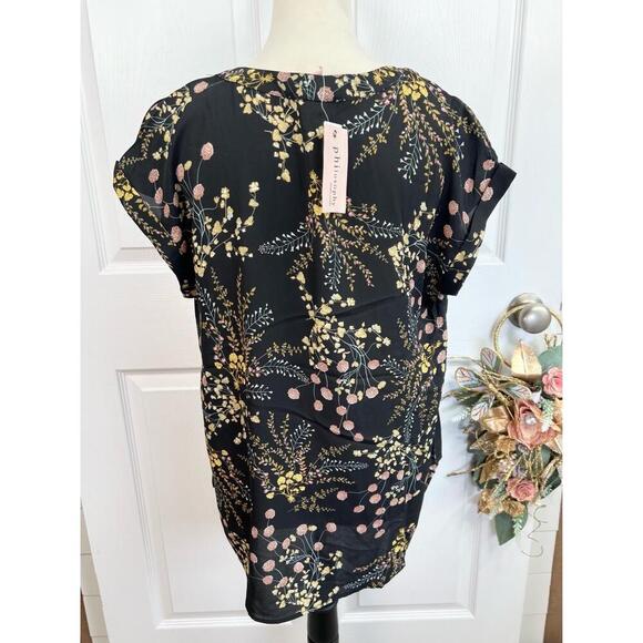 Philosophy Womens Black Floral V-Neck Cuffed Short Sleeve Blouse Bohemian Size S - Picture 4 of 11